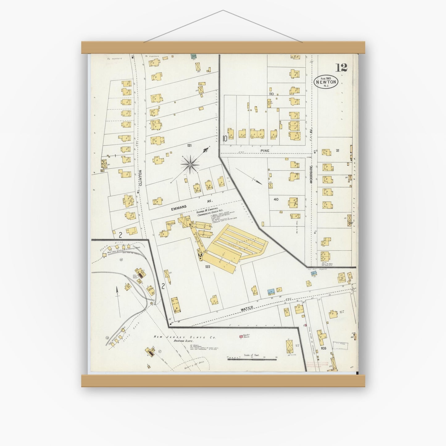 Old map wall art mockup — magnetic wood frame on white wall — Sanborn Fire Insurance Map from Newton, Sussex County, New Jersey (1903), Sheet #0012