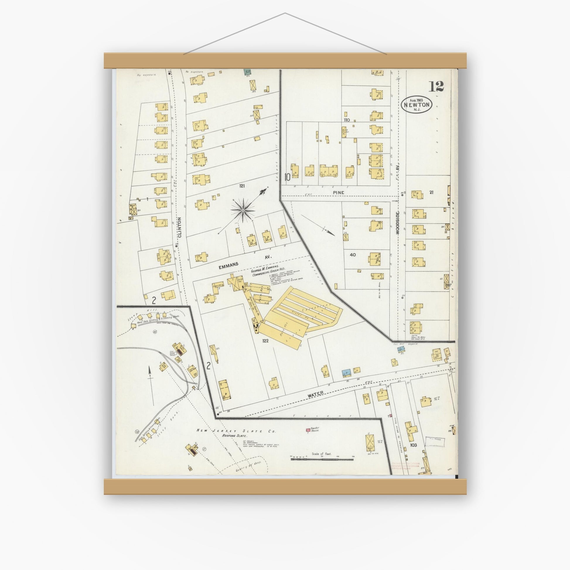 Old map wall art mockup — magnetic wood frame on white wall — Sanborn Fire Insurance Map from Newton, Sussex County, New Jersey (1903), Sheet #0012