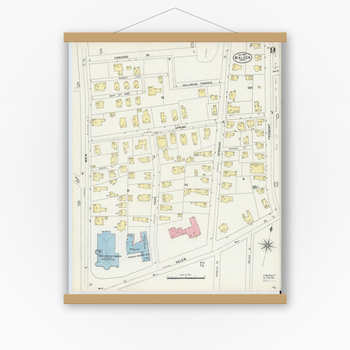 Old map wall art mockup — magnetic wood frame on white wall — Sanborn Fire Insurance Map from Malden, Middlesex County, Massachusetts (1897), Sheet #0009