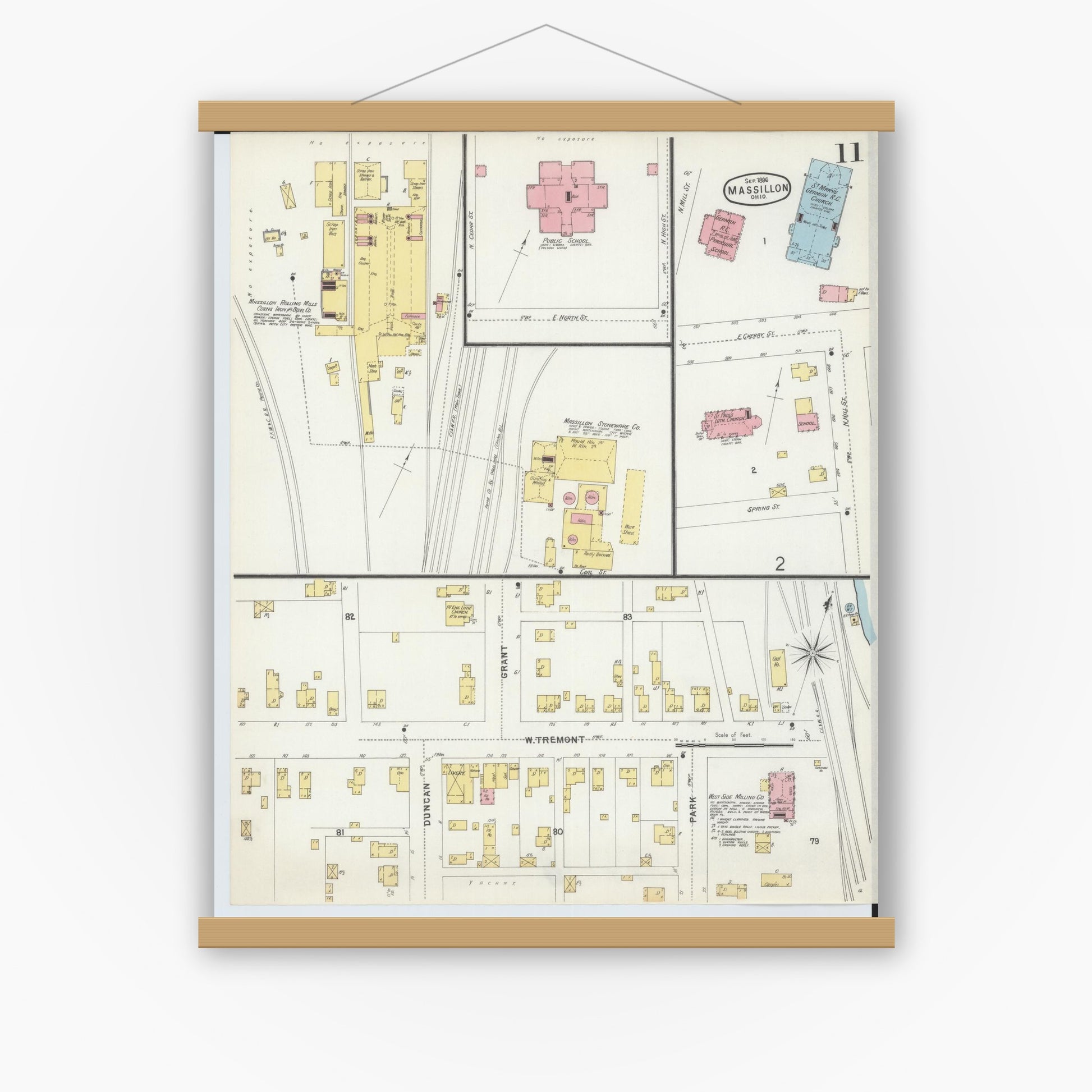 Old map wall art mockup — magnetic wood frame on white wall — Sanborn Fire Insurance Map from Massillon, Stark County, Ohio (1896), Sheet #0011