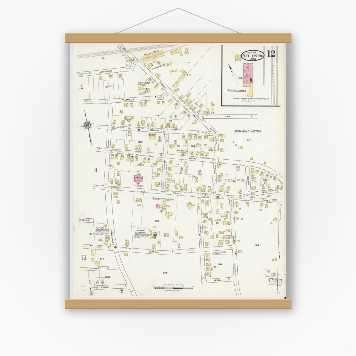 Old map wall art mockup — magnetic wood frame on white wall — Sanborn Fire Insurance Map from Attleboro, Bristol County, Massachusetts (1916), Sheet #0012