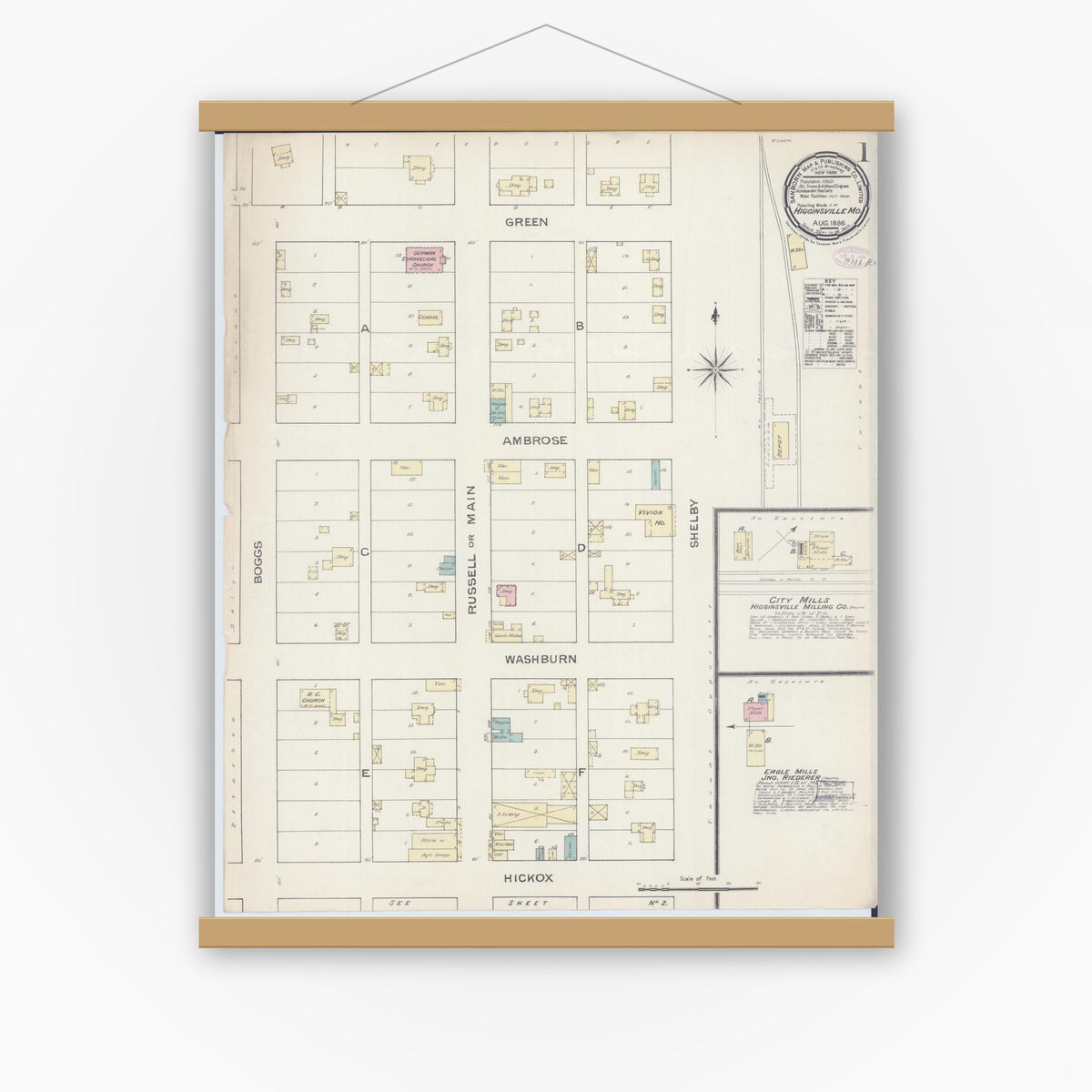 Old map wall art mockup — magnetic wood frame on white wall — Sanborn Fire Insurance Map from Higginsville, Lafayette County, Missouri (1886), Sheet #0001