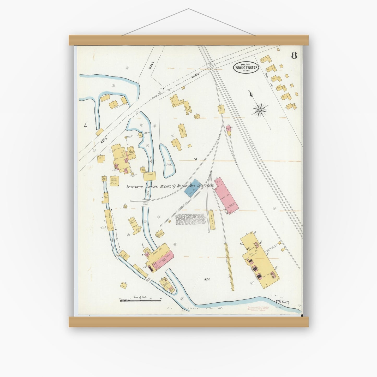 Old map wall art mockup — magnetic wood frame on white wall — Sanborn Fire Insurance Map from Bridgewater, Plymouth County, Massachusetts (1906), Sheet #0008