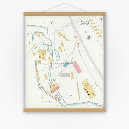 Old map wall art mockup — magnetic wood frame on white wall — Sanborn Fire Insurance Map from Bridgewater, Plymouth County, Massachusetts (1906), Sheet #0008