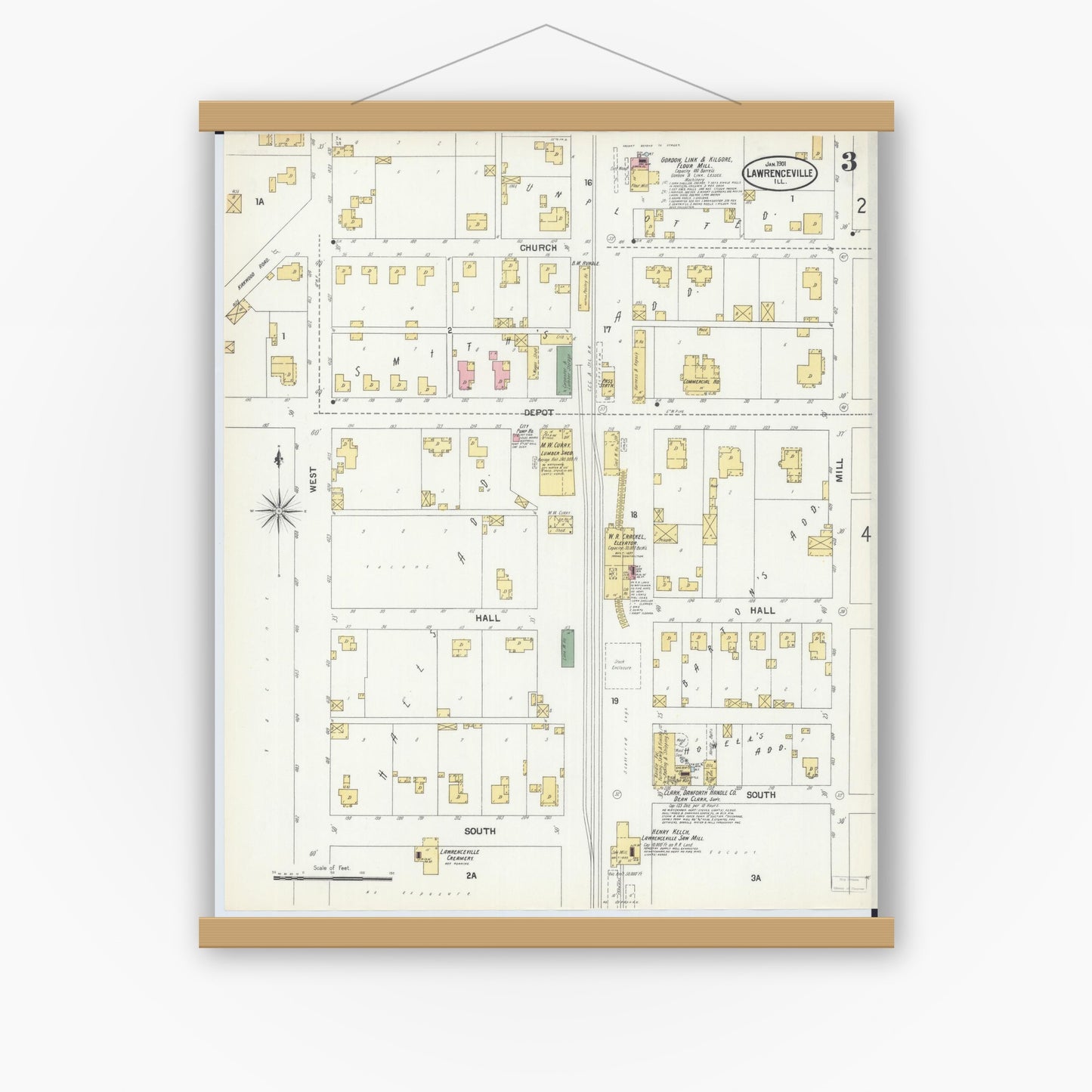 Old map wall art mockup — magnetic wood frame on white wall — Sanborn Fire Insurance Map from Lawrenceville, Lawrence County, Illinois (1901), Sheet #0003
