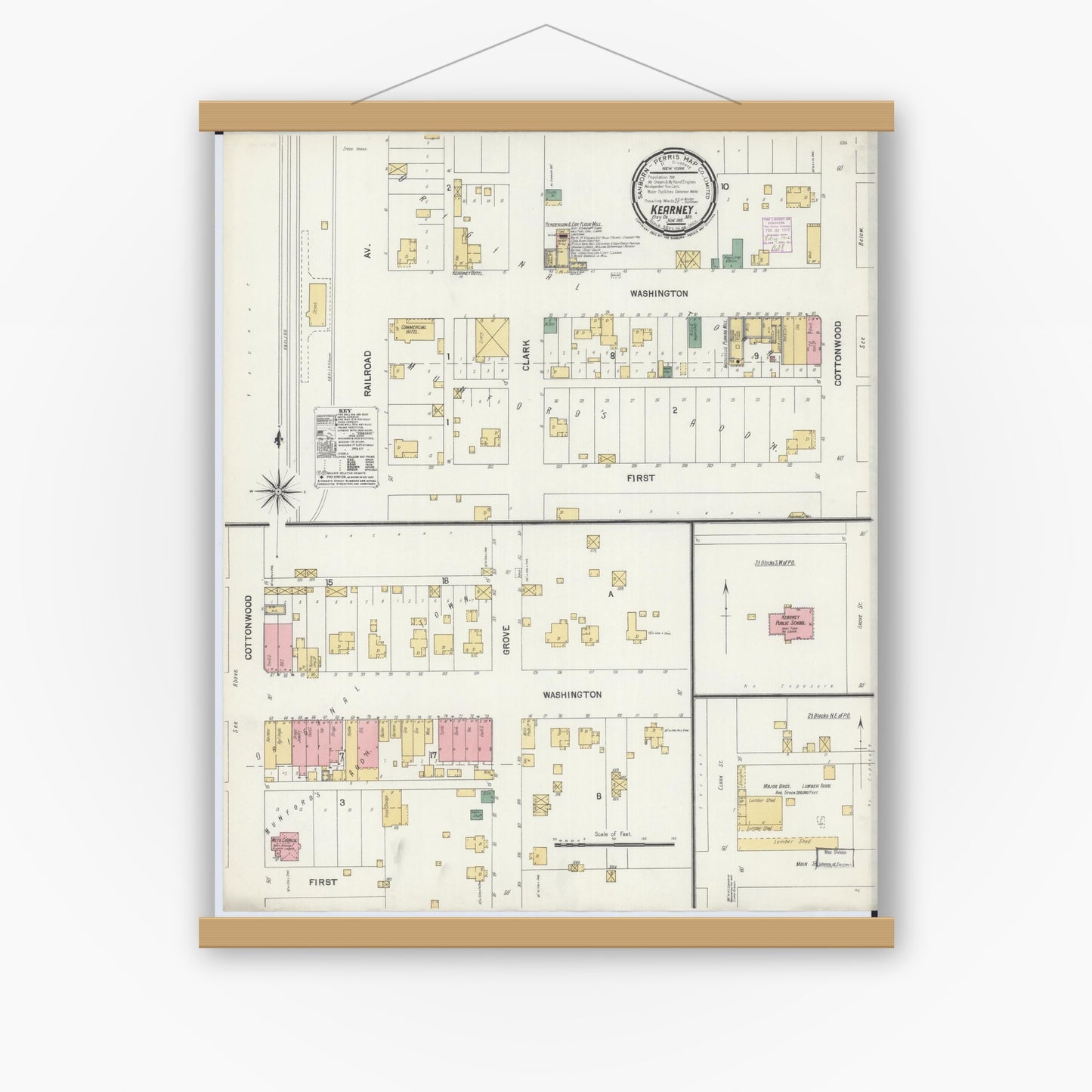 Old map wall art mockup — magnetic wood frame on white wall — Sanborn Fire Insurance Map from Kearney, Clay County, Missouri (1901), Sheet #0001