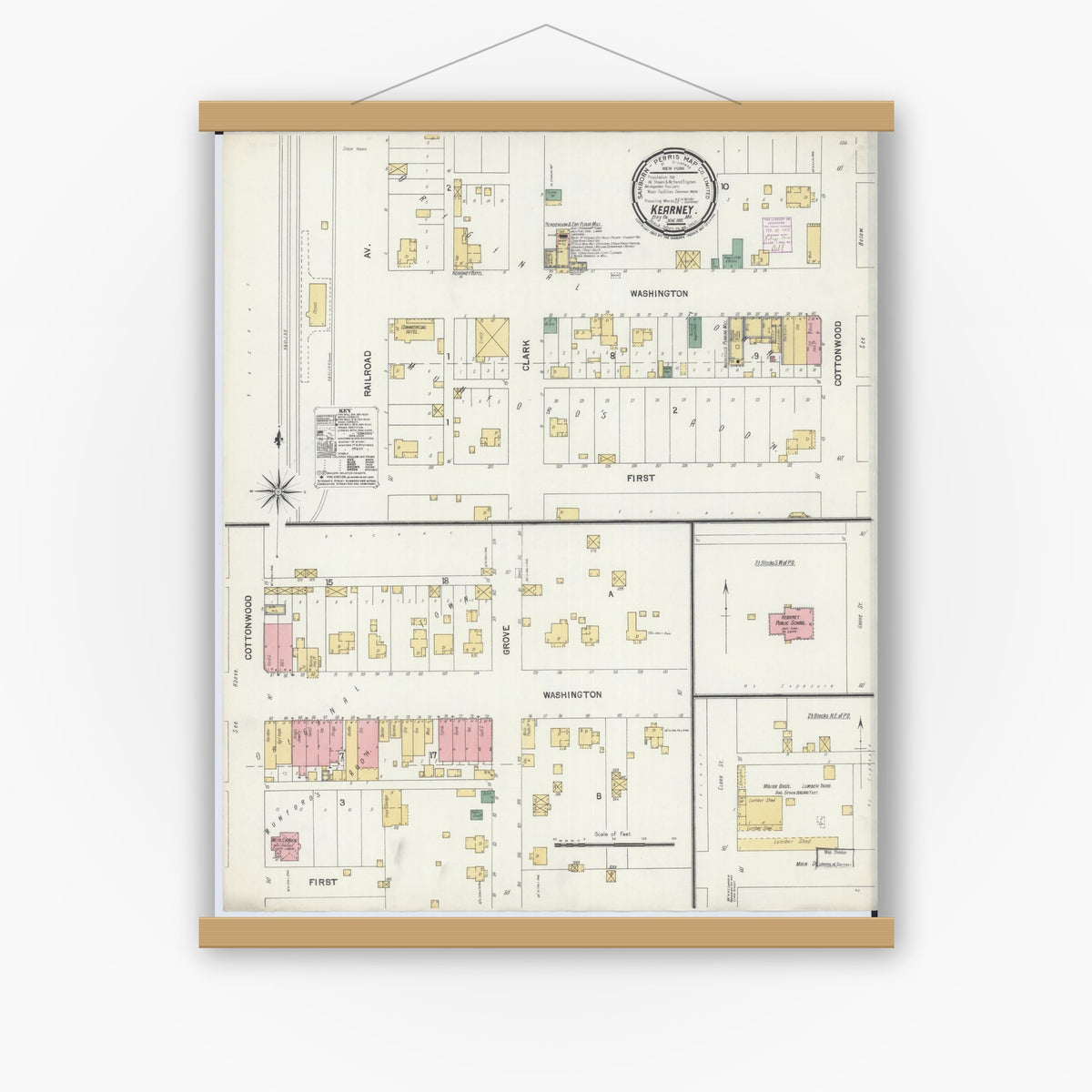 Old map wall art mockup — magnetic wood frame on white wall — Sanborn Fire Insurance Map from Kearney, Clay County, Missouri (1901), Sheet #0001