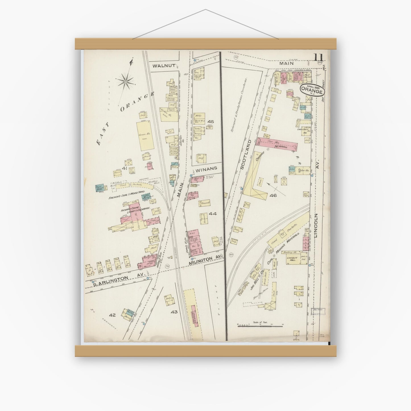 Old map wall art mockup — magnetic wood frame on white wall — Sanborn Fire Insurance Map from Orange, Essex County, New Jersey (1885), Sheet #0011