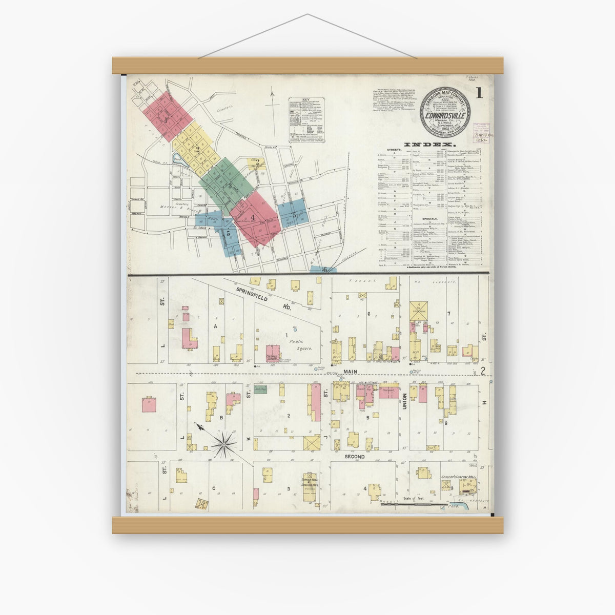 Old map wall art mockup — magnetic wood frame on white wall — Sanborn Fire Insurance Map from Edwardsville, Madison County, Illinois (1902) - Complete Map Set