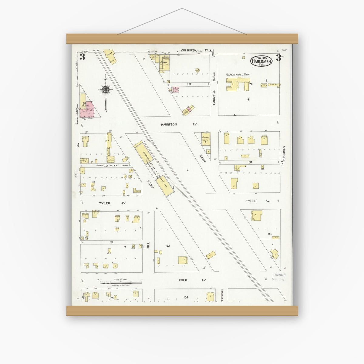 Old map wall art mockup — magnetic wood frame on white wall — Sanborn Fire Insurance Map from Harlingen, Cameron County, Texas (1925), Sheet #0003