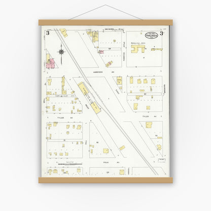 Old map wall art mockup — magnetic wood frame on white wall — Sanborn Fire Insurance Map from Harlingen, Cameron County, Texas (1925), Sheet #0003