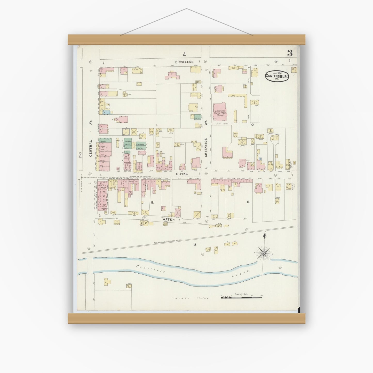 Old map wall art mockup — magnetic wood frame on white wall — Sanborn Fire Insurance Map from Canonsburg, Washington County, Pennsylvania (1896), Sheet #0003