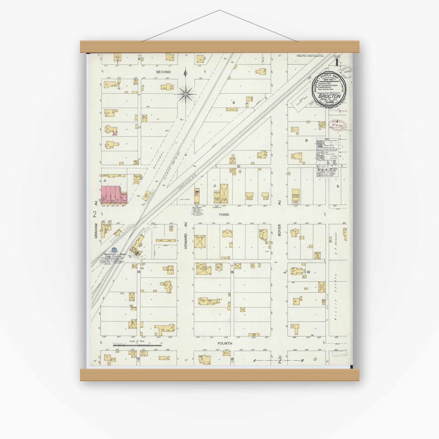 Old map wall art mockup — magnetic wood frame on white wall — Sanborn Fire Insurance Map from Brockton, Edgar County, Illinois (1899) - Complete Map Set