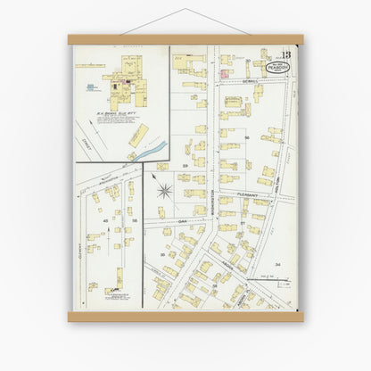 Old map wall art mockup — magnetic wood frame on white wall — Sanborn Fire Insurance Map from Peabody, Essex County, Massachusetts (1892), Sheet #0013