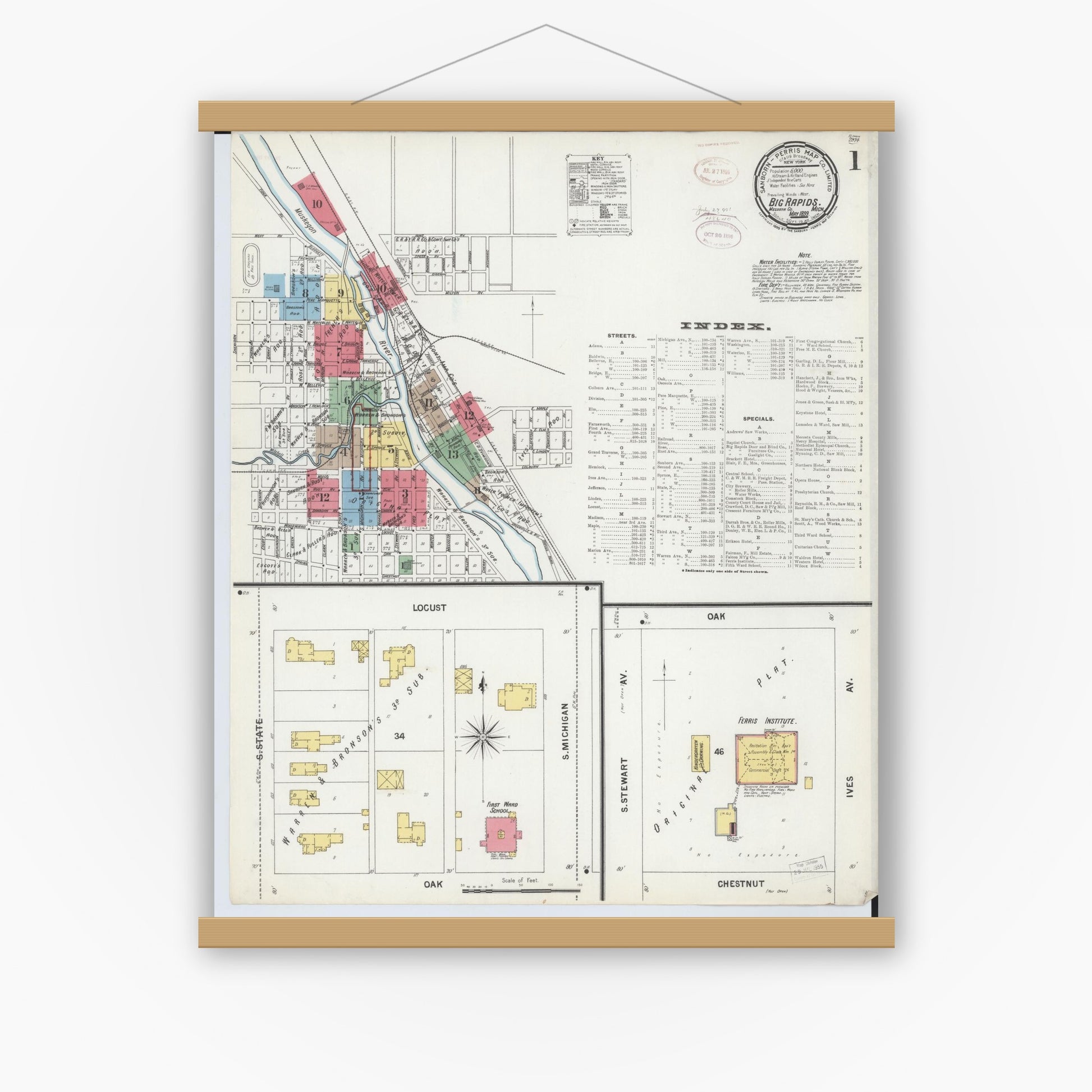 Old map wall art mockup — magnetic wood frame on white wall — Sanborn Fire Insurance Map from Big Rapids, Mecosta County, Michigan (1899), Sheet #0001