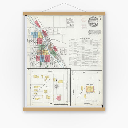 Old map wall art mockup — magnetic wood frame on white wall — Sanborn Fire Insurance Map from Big Rapids, Mecosta County, Michigan (1899), Sheet #0001