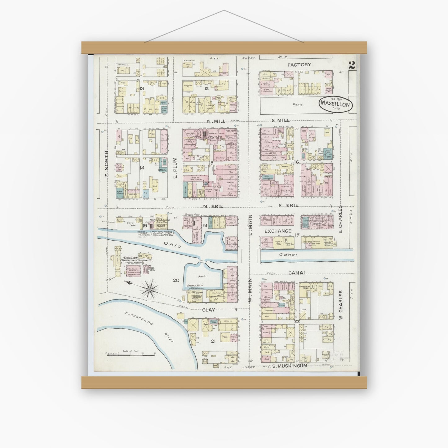 Old map wall art mockup — magnetic wood frame on white wall — Sanborn Fire Insurance Map from Massillon, Stark County, Ohio (1887), Sheet #0002