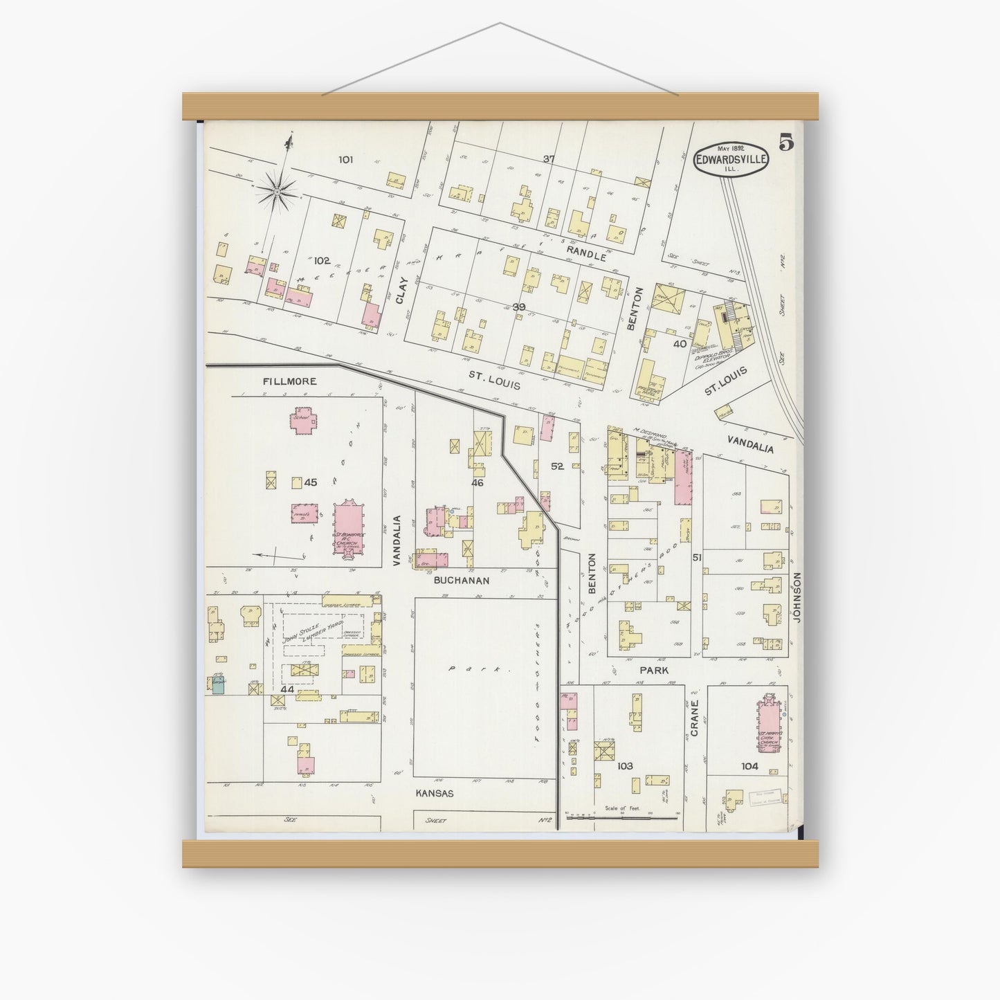 Old map wall art mockup — magnetic wood frame on white wall — Sanborn Fire Insurance Map from Edwardsville, Madison County, Illinois (1892), Sheet #0005