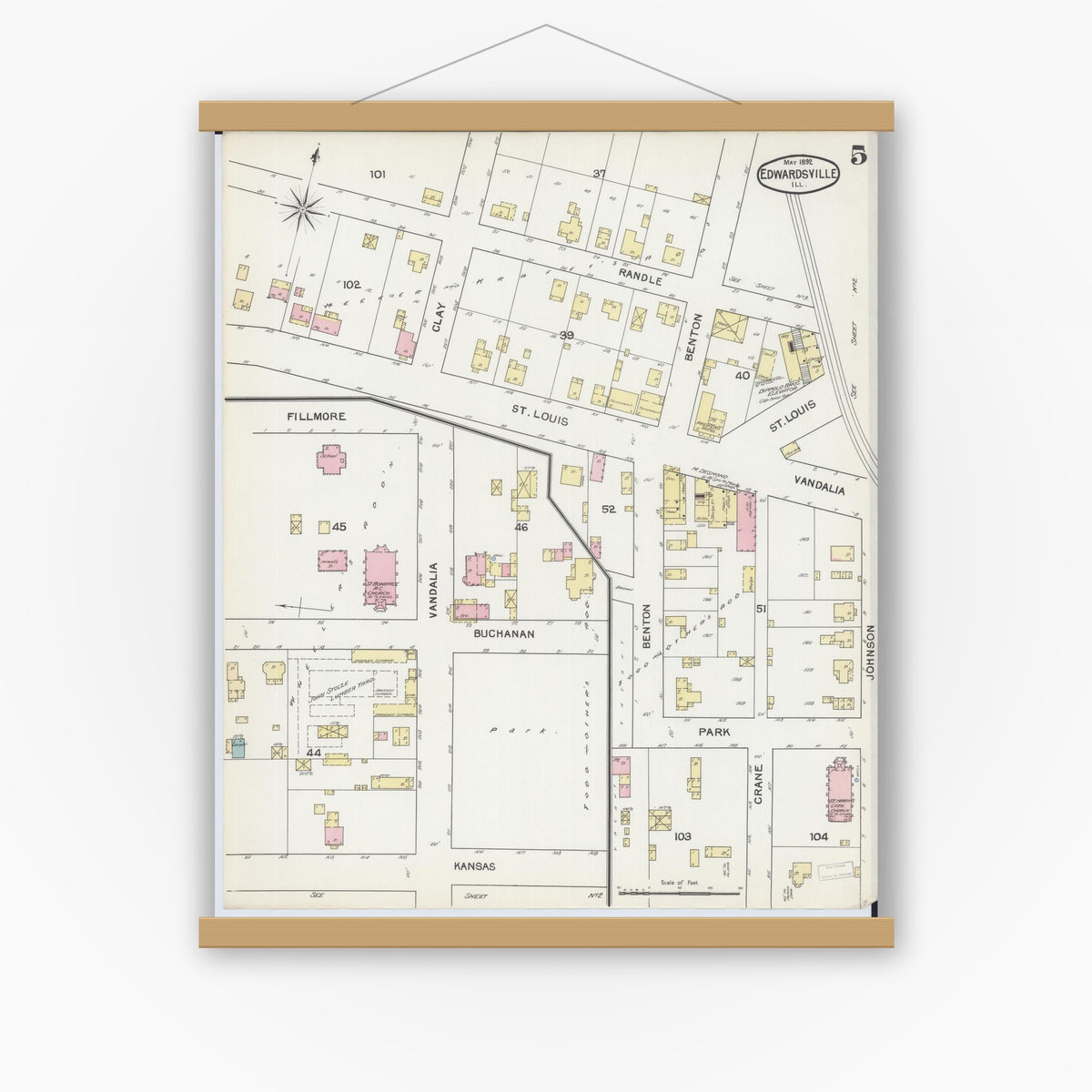 Old map wall art mockup — magnetic wood frame on white wall — Sanborn Fire Insurance Map from Edwardsville, Madison County, Illinois (1892), Sheet #0005