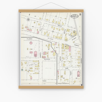 Old map wall art mockup — magnetic wood frame on white wall — Sanborn Fire Insurance Map from Edwardsville, Madison County, Illinois (1892), Sheet #0005