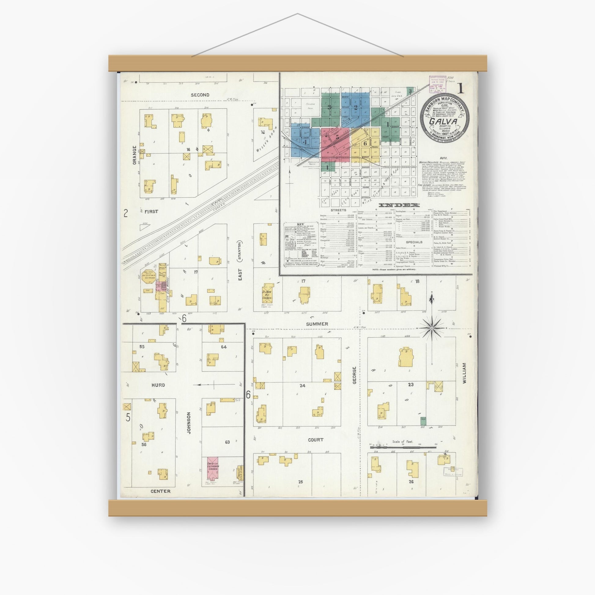Old map wall art mockup — magnetic wood frame on white wall — Sanborn Fire Insurance Map from Galva, Henry County, Illinois (1907) - Complete Map Set
