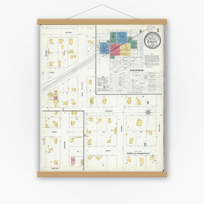 Old map wall art mockup — magnetic wood frame on white wall — Sanborn Fire Insurance Map from Galva, Henry County, Illinois (1907) - Complete Map Set
