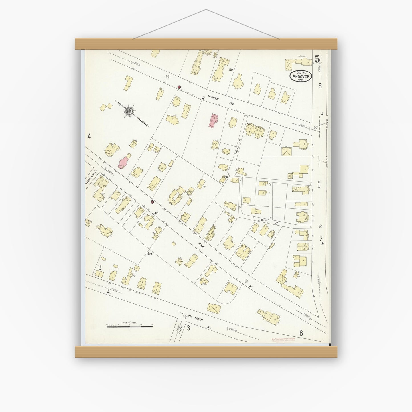 Old map wall art mockup — magnetic wood frame on white wall — Sanborn Fire Insurance Map from Andover, Essex County, Massachusetts (1911), Sheet #0005