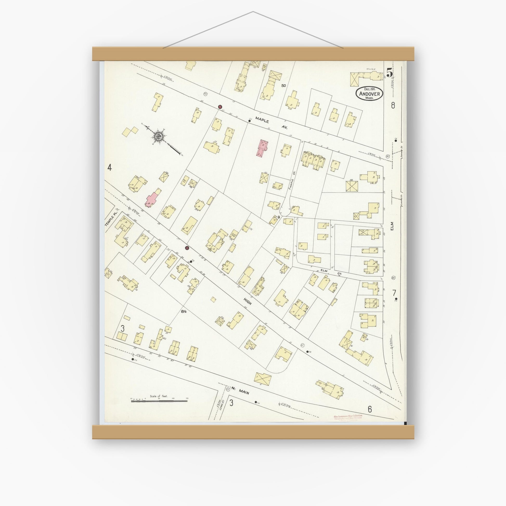 Old map wall art mockup — magnetic wood frame on white wall — Sanborn Fire Insurance Map from Andover, Essex County, Massachusetts (1911), Sheet #0005