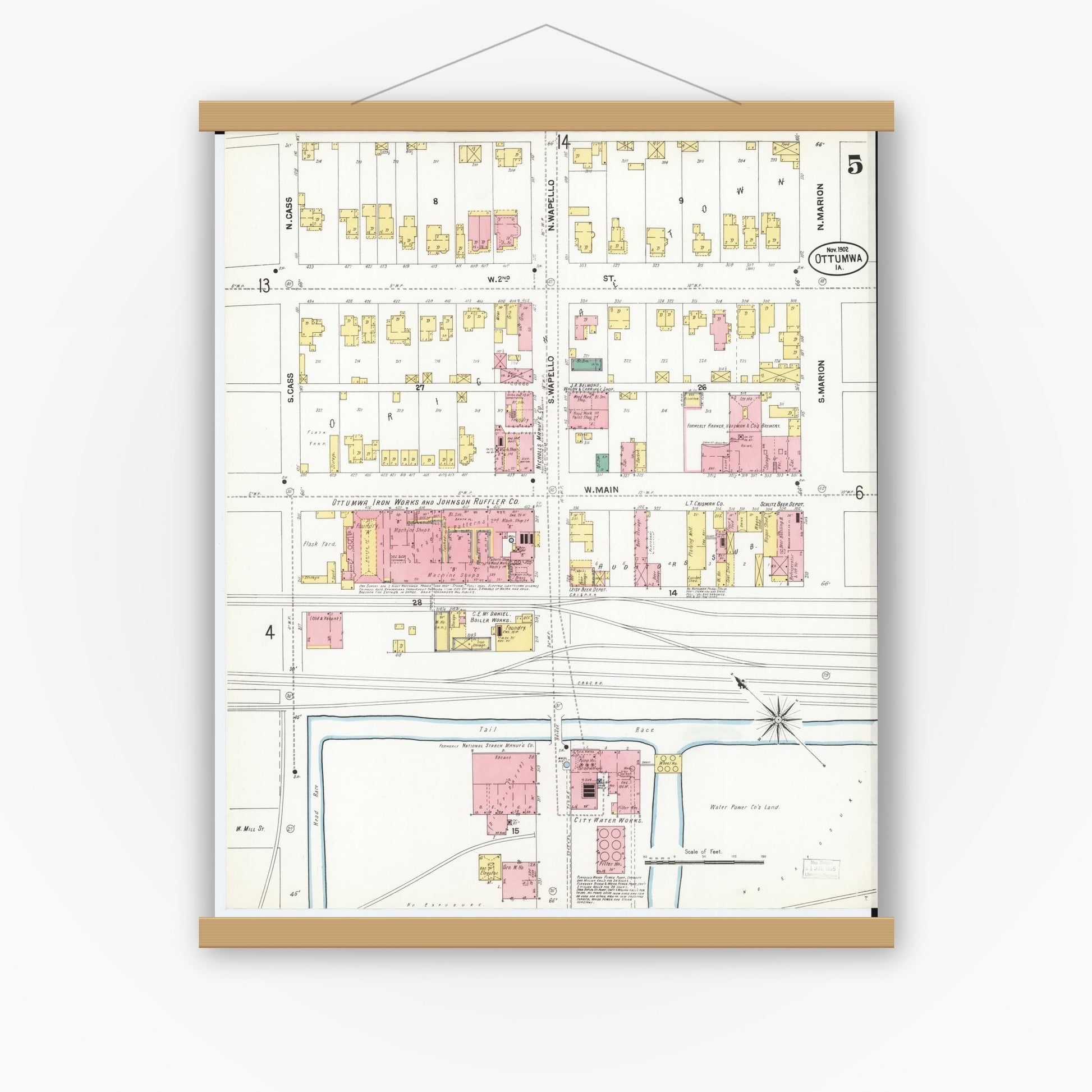 Old map wall art mockup — magnetic wood frame on white wall — Sanborn Fire Insurance Map from Ottumwa, Wapello County, Iowa (1902), Sheet #0005