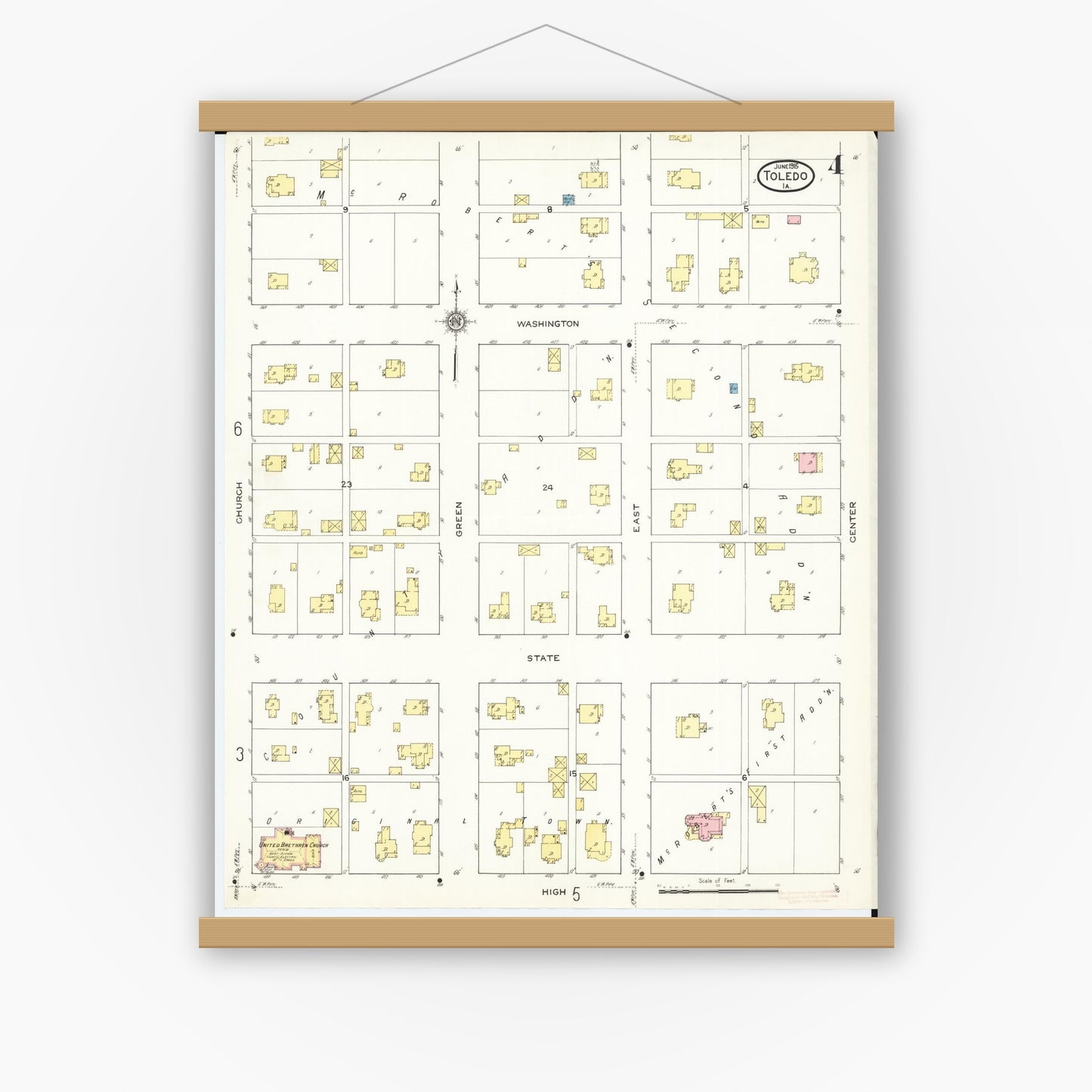 Old map wall art mockup — magnetic wood frame on white wall — Sanborn Fire Insurance Map from Toledo, Tama County, Iowa (1915), Sheet #0004