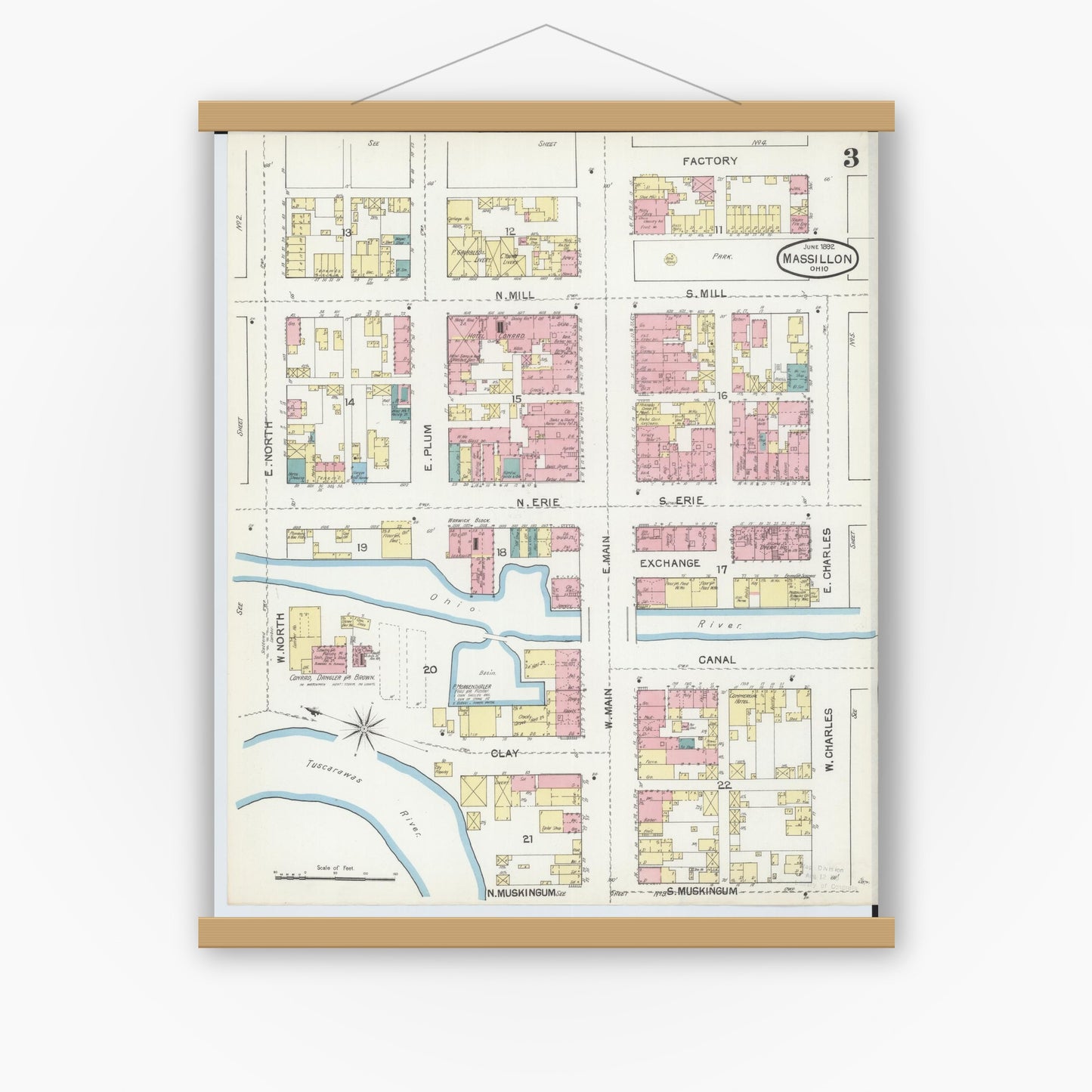Old map wall art mockup — magnetic wood frame on white wall — Sanborn Fire Insurance Map from Massillon, Stark County, Ohio (1892), Sheet #0003