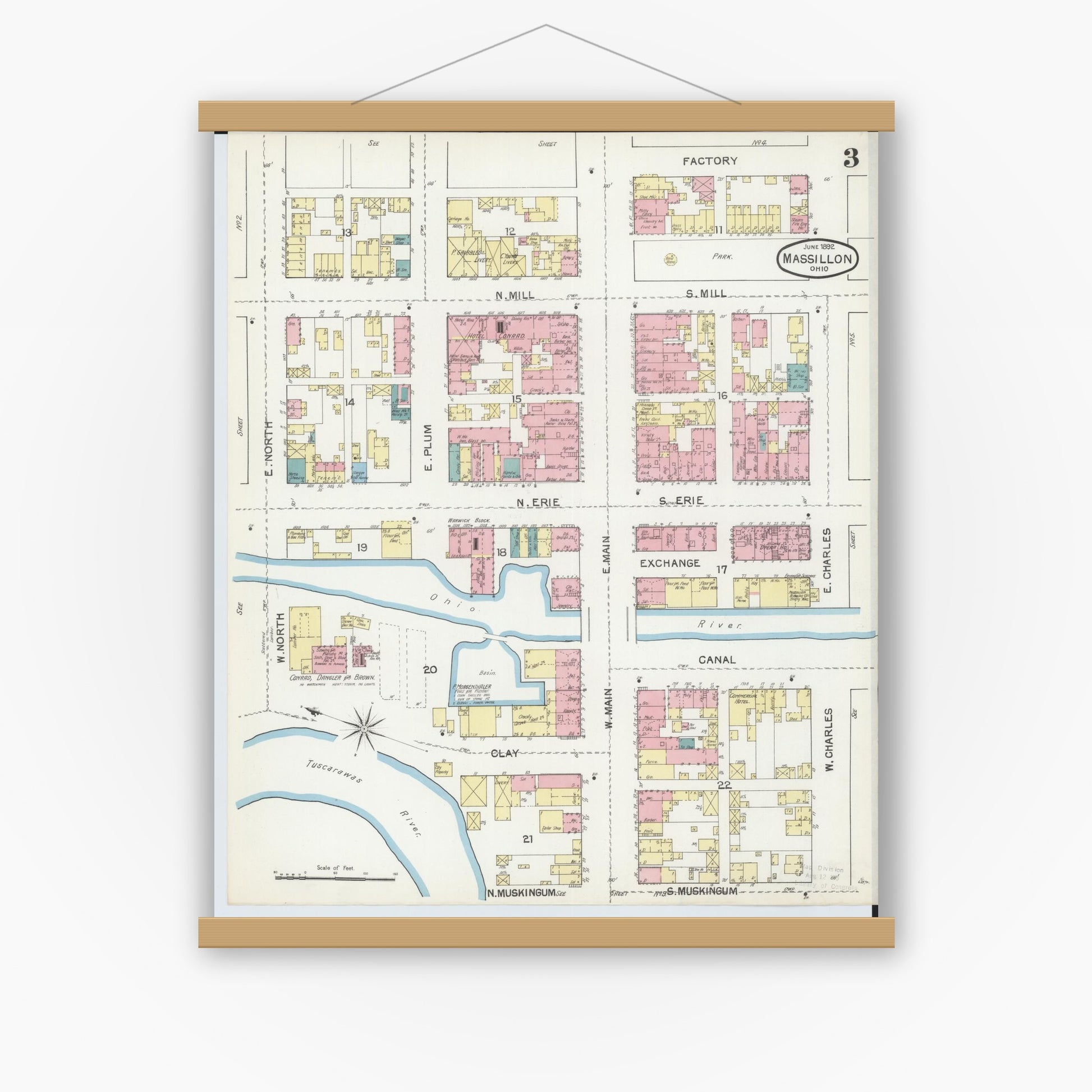 Old map wall art mockup — magnetic wood frame on white wall — Sanborn Fire Insurance Map from Massillon, Stark County, Ohio (1892), Sheet #0003