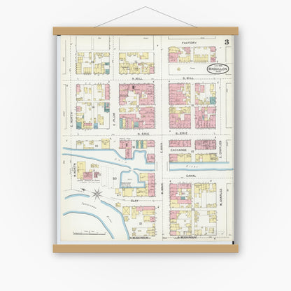 Old map wall art mockup — magnetic wood frame on white wall — Sanborn Fire Insurance Map from Massillon, Stark County, Ohio (1892), Sheet #0003