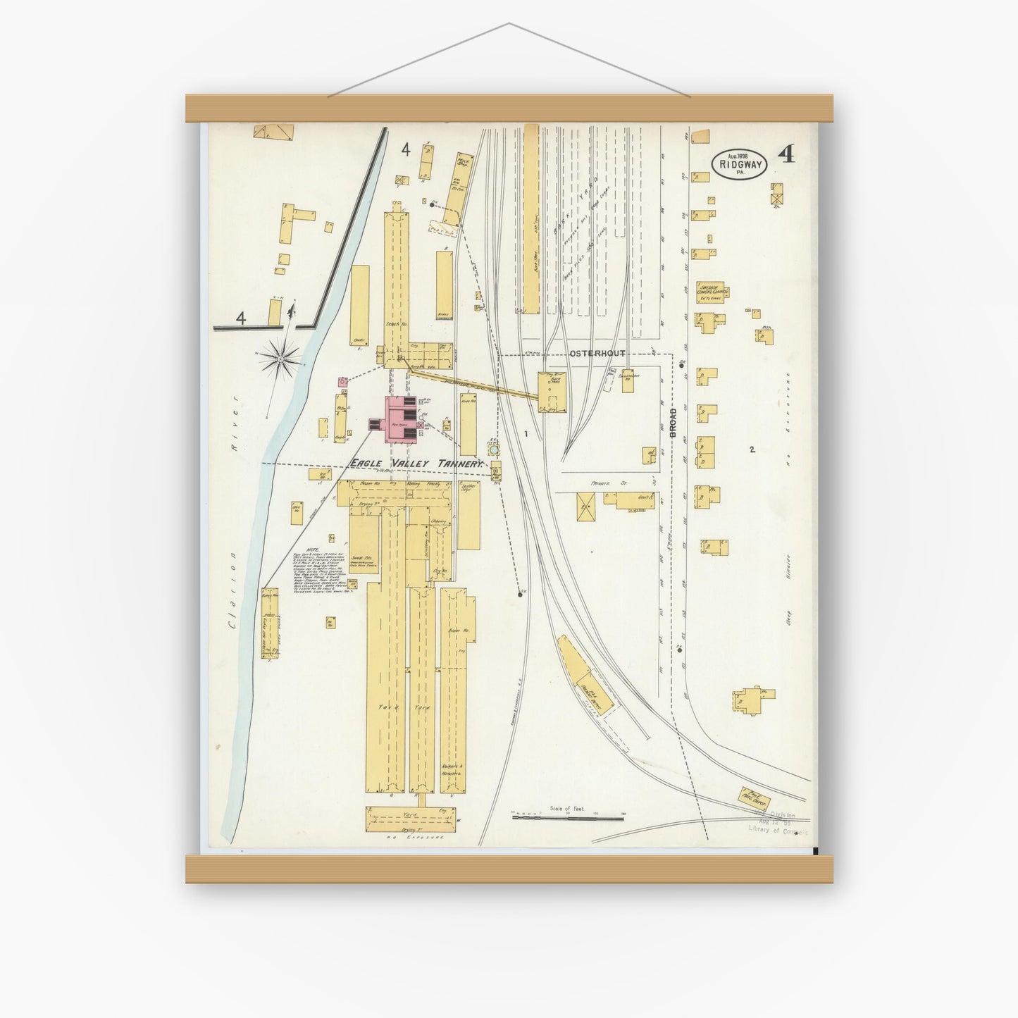 Old map wall art mockup — magnetic wood frame on white wall — Sanborn Fire Insurance Map from Ridgway, Elk County, Pennsylvania (1898), Sheet #0004