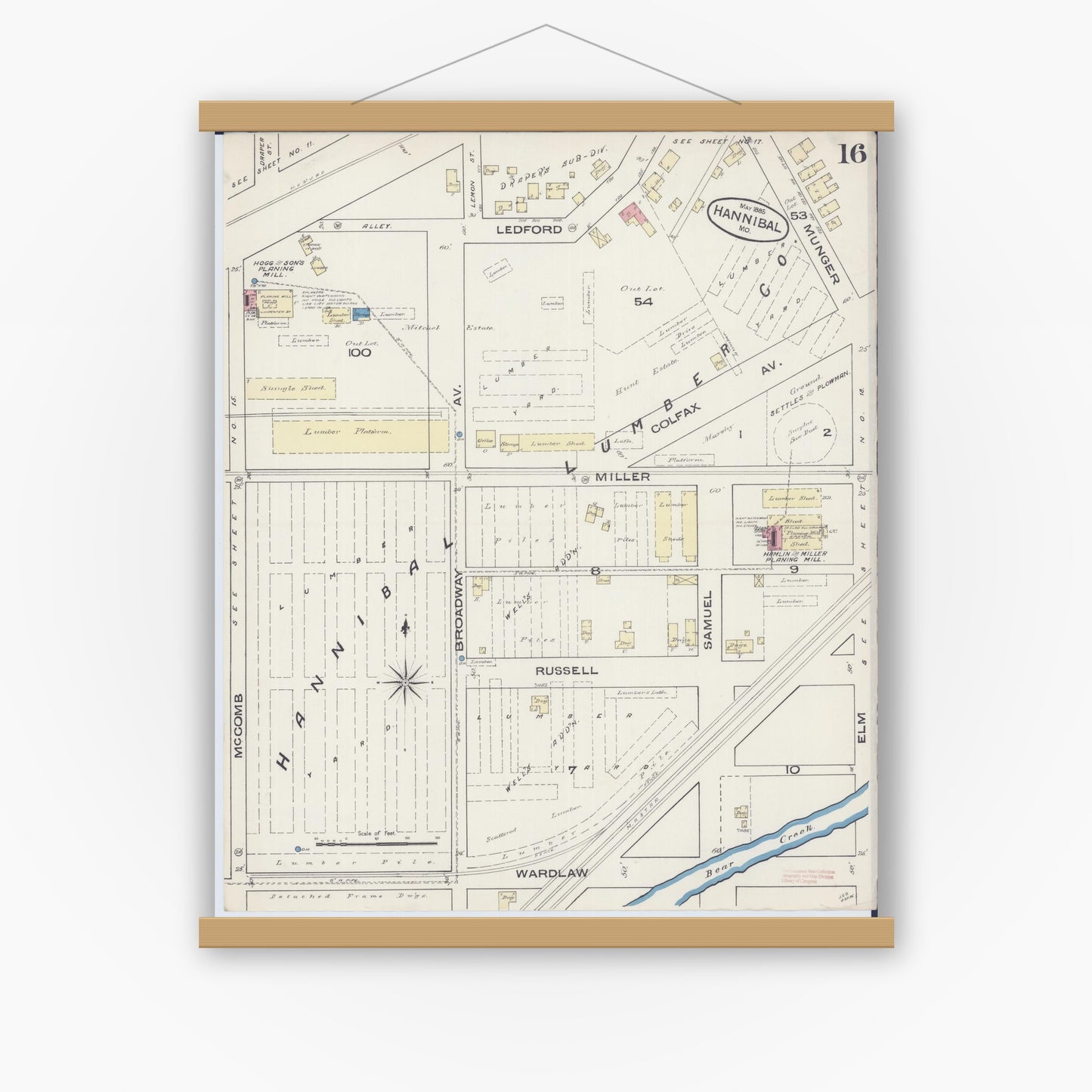 Old map wall art mockup — magnetic wood frame on white wall — Sanborn Fire Insurance Map from Hannibal, Marion County, Missouri (1885), Sheet #0016