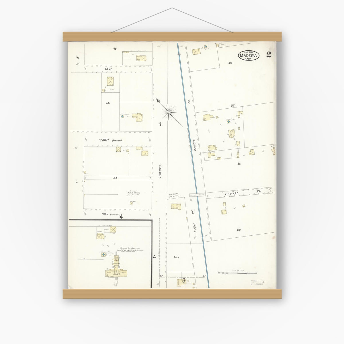 Old map wall art mockup — magnetic wood frame on white wall — Sanborn Fire Insurance Map from Madera, Madera County, California (1898), Sheet #0002