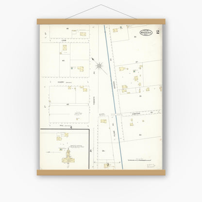 Old map wall art mockup — magnetic wood frame on white wall — Sanborn Fire Insurance Map from Madera, Madera County, California (1898), Sheet #0002