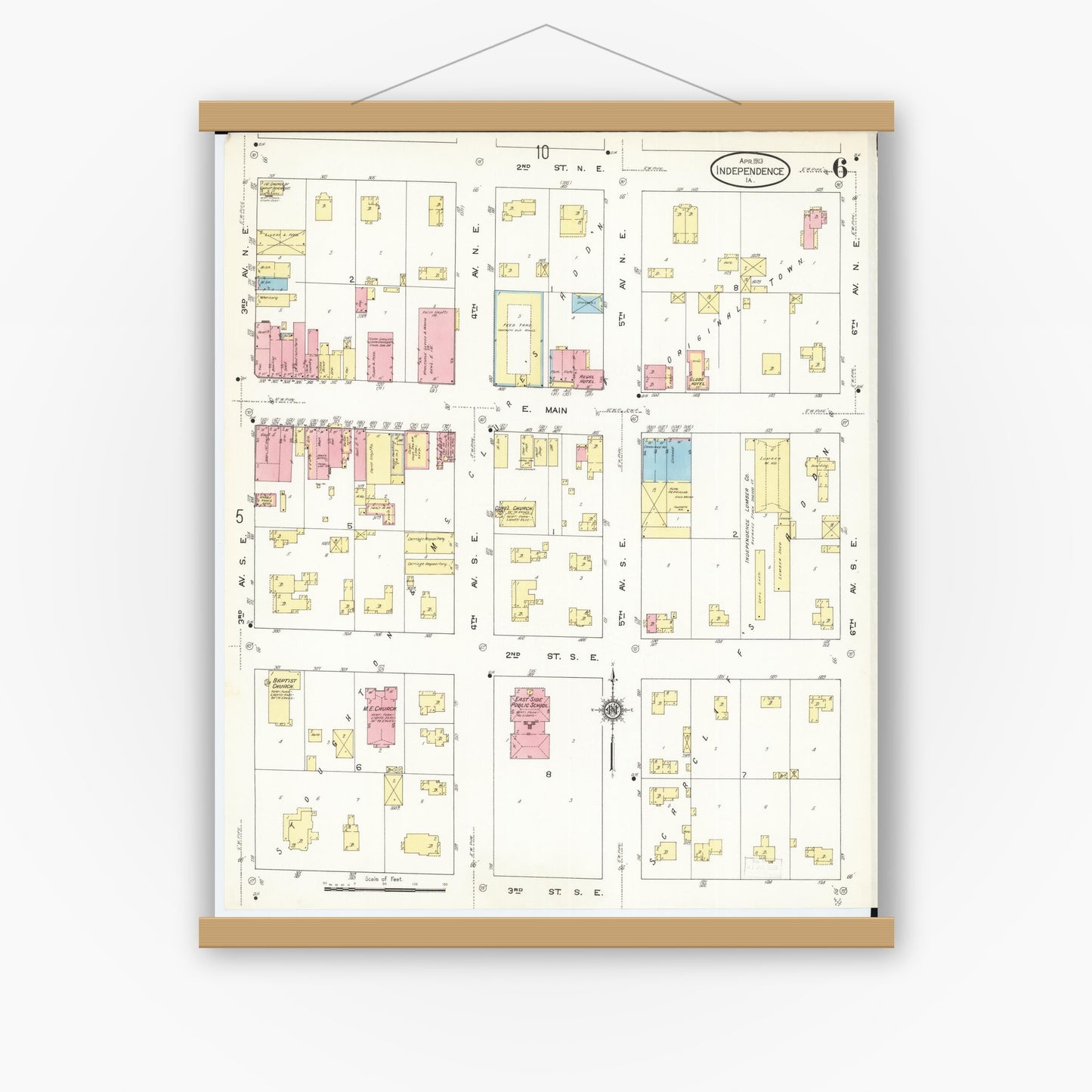 Old map wall art mockup — magnetic wood frame on white wall — Sanborn Fire Insurance Map from Independence, Buchanan County, Iowa (1913), Sheet #0006