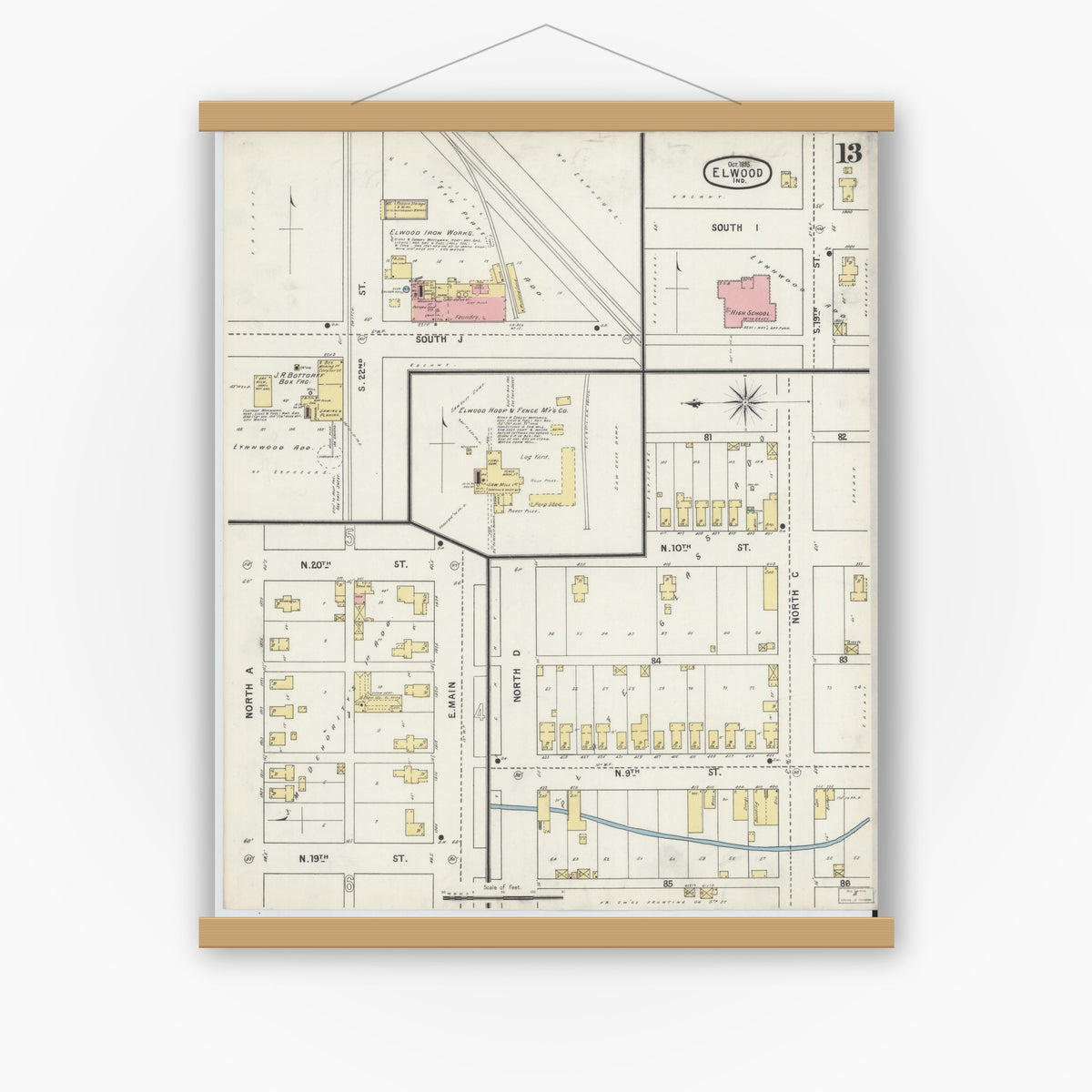 Old map wall art mockup — magnetic wood frame on white wall — Sanborn Fire Insurance Map from Elwood, Madison County, Indiana (1895), Sheet #0013