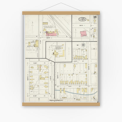 Old map wall art mockup — magnetic wood frame on white wall — Sanborn Fire Insurance Map from Elwood, Madison County, Indiana (1895), Sheet #0013