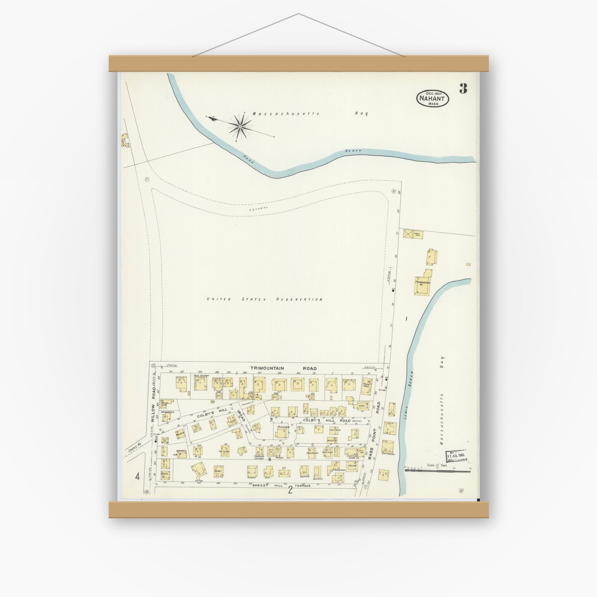 Old map wall art mockup — magnetic wood frame on white wall — Sanborn Fire Insurance Map from Nahant, Essex County, Massachusetts (1907), Sheet #0003