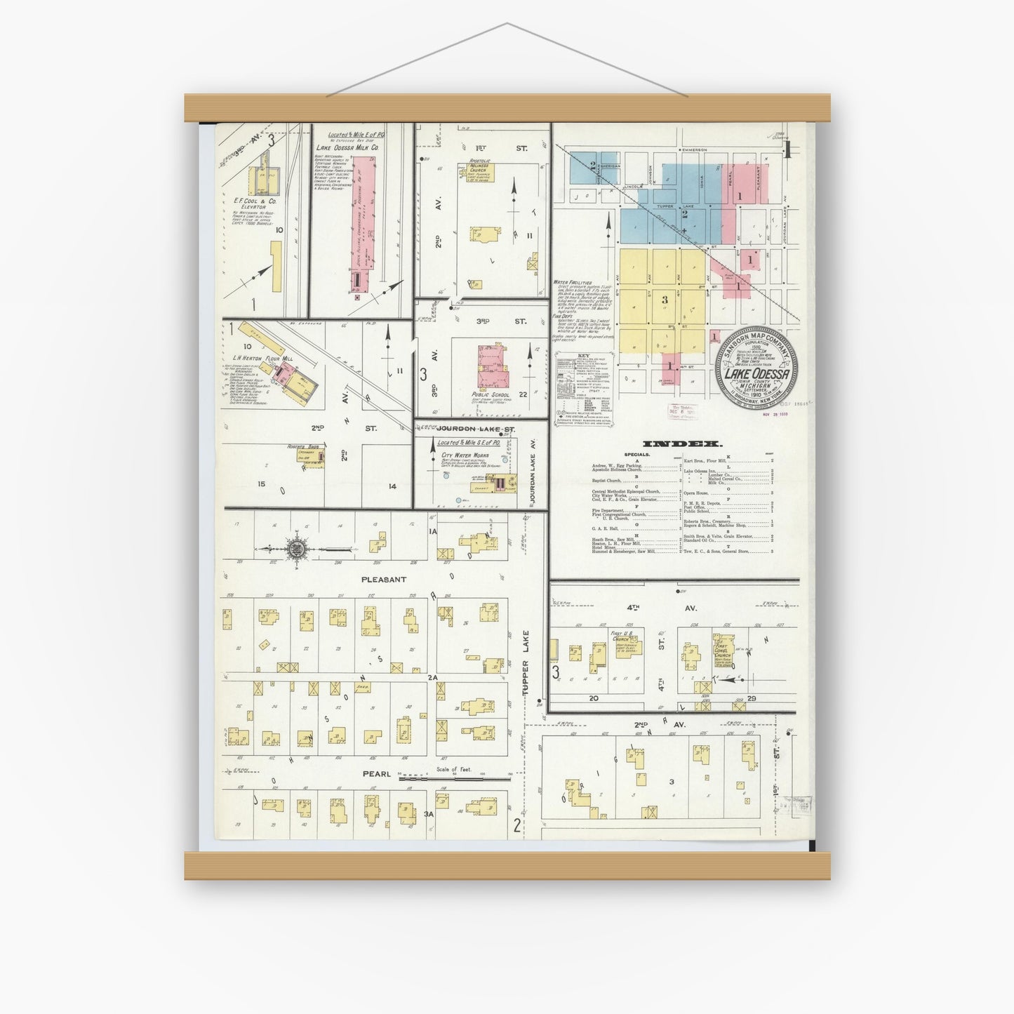 Old map wall art mockup — magnetic wood frame on white wall — Sanborn Fire Insurance Map from Lake Odessa, Ionia County, Michigan (1910) - Complete Map Set