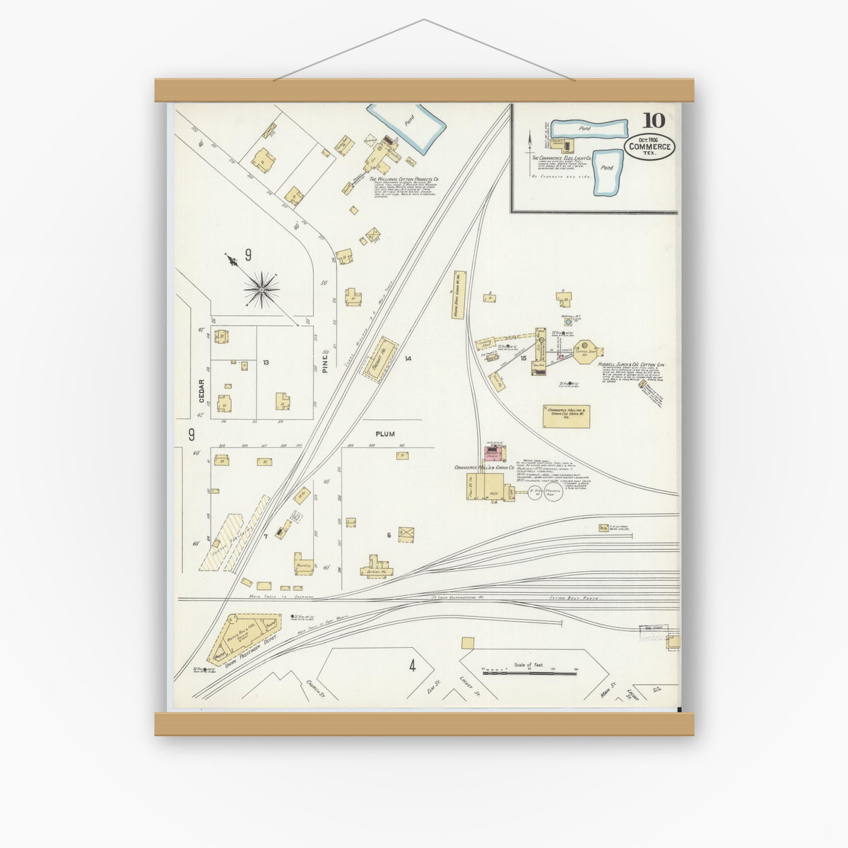 Old map wall art mockup — magnetic wood frame on white wall — Sanborn Fire Insurance Map from Commerce, Hunt County, Texas (1906), Sheet #0010