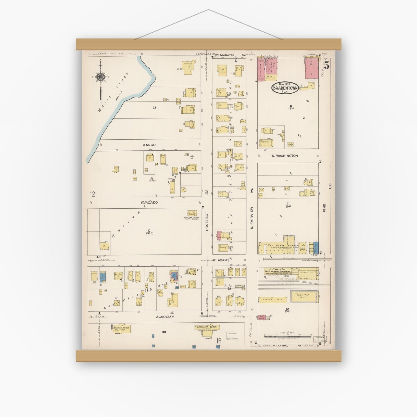 Old map wall art mockup — magnetic wood frame on white wall — Sanborn Fire Insurance Map from Bradentown, Manatee County, Florida (1922), Sheet #0005