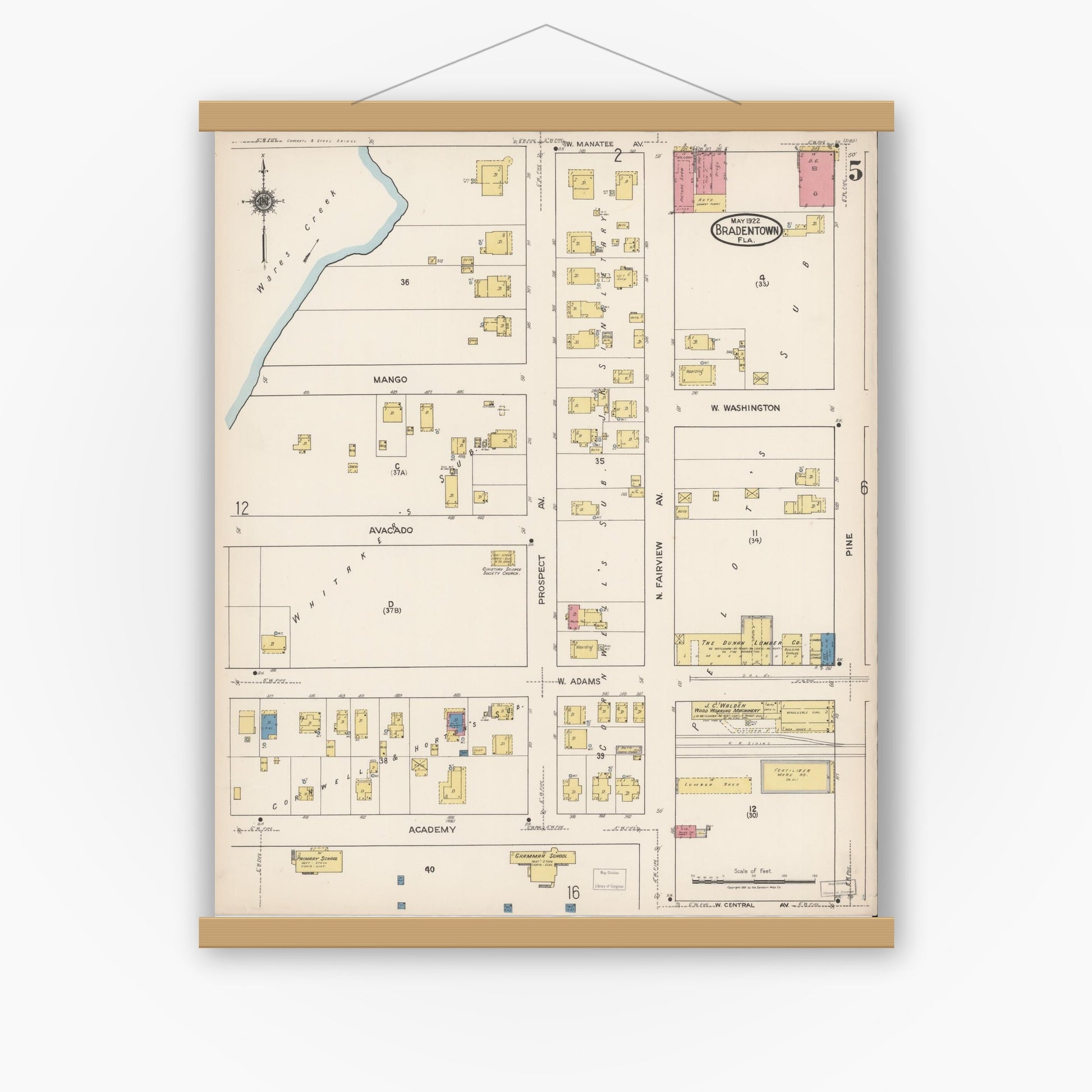 Old map wall art mockup — magnetic wood frame on white wall — Sanborn Fire Insurance Map from Bradentown, Manatee County, Florida (1922), Sheet #0005