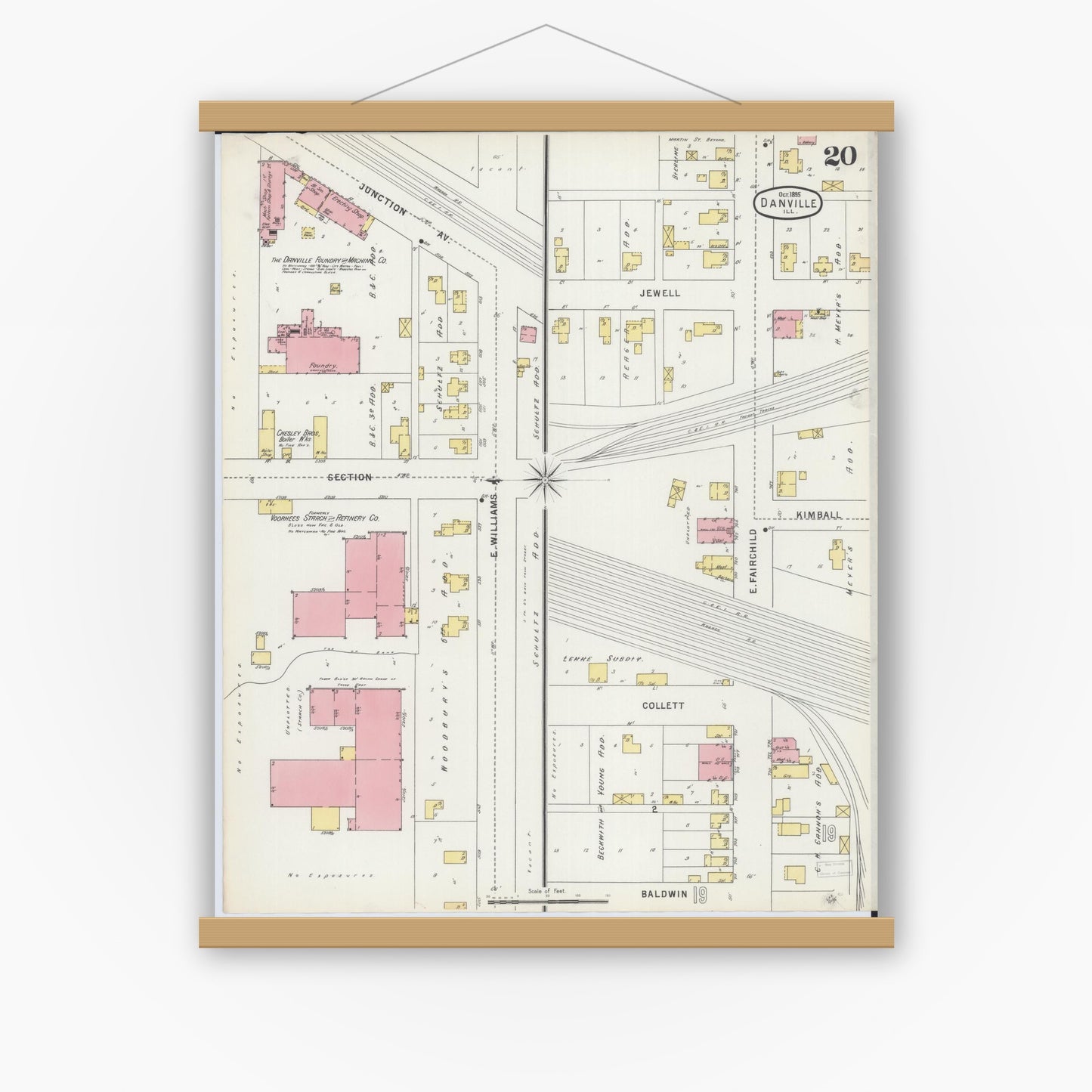 Old map wall art mockup — magnetic wood frame on white wall — Sanborn Fire Insurance Map from Danville, Vermilion County, Illinois (1895), Sheet #0020