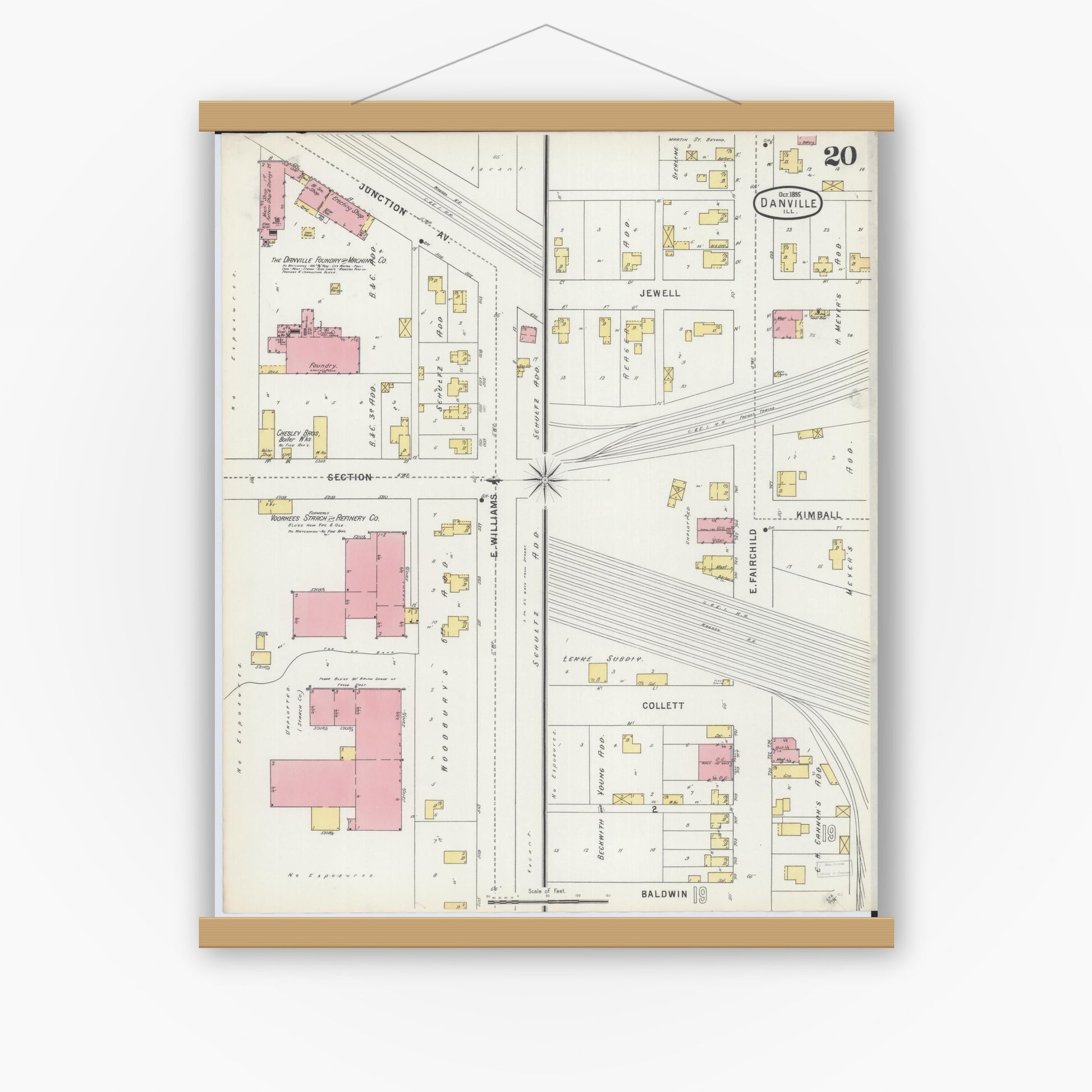 Old map wall art mockup — magnetic wood frame on white wall — Sanborn Fire Insurance Map from Danville, Vermilion County, Illinois (1895), Sheet #0020