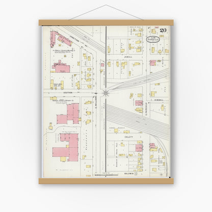 Old map wall art mockup — magnetic wood frame on white wall — Sanborn Fire Insurance Map from Danville, Vermilion County, Illinois (1895), Sheet #0020