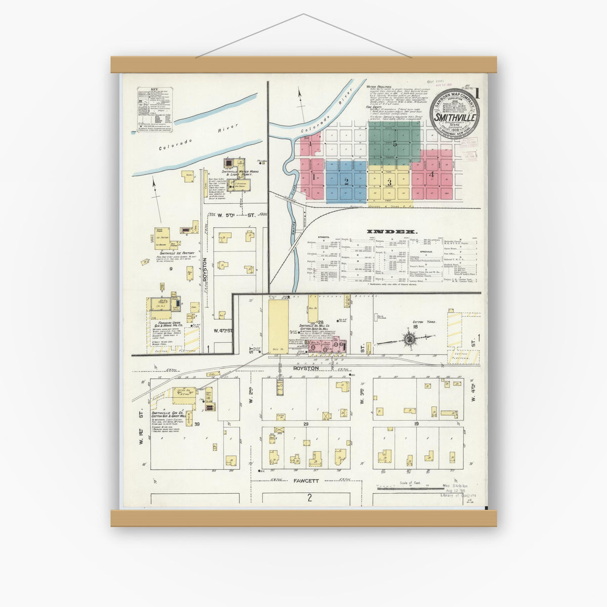 Old map wall art mockup — magnetic wood frame on white wall — Sanborn Fire Insurance Map from Smithville, Bastrop County, Texas (1909) - Complete Map Set