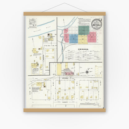 Old map wall art mockup — magnetic wood frame on white wall — Sanborn Fire Insurance Map from Smithville, Bastrop County, Texas (1909) - Complete Map Set